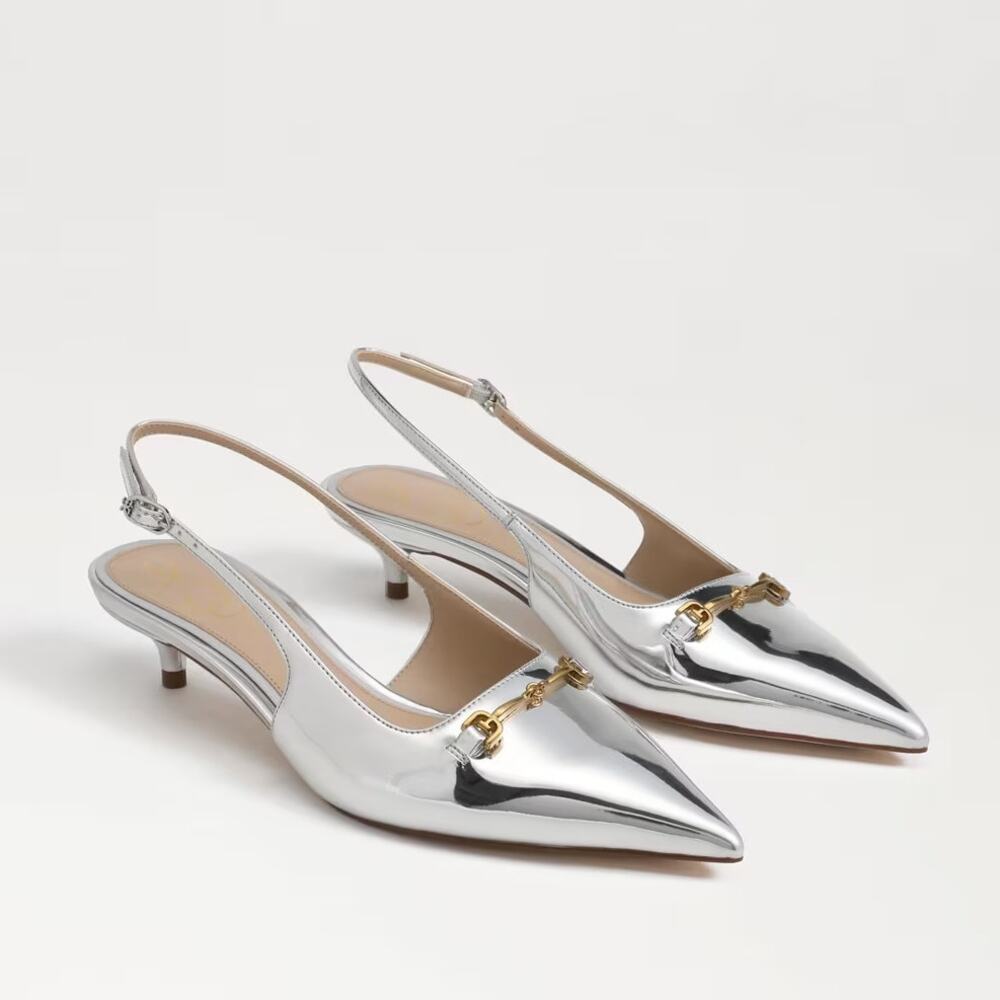 Sam Edelman Silver Pointed Toe Slingback Heels with Gold Hardware